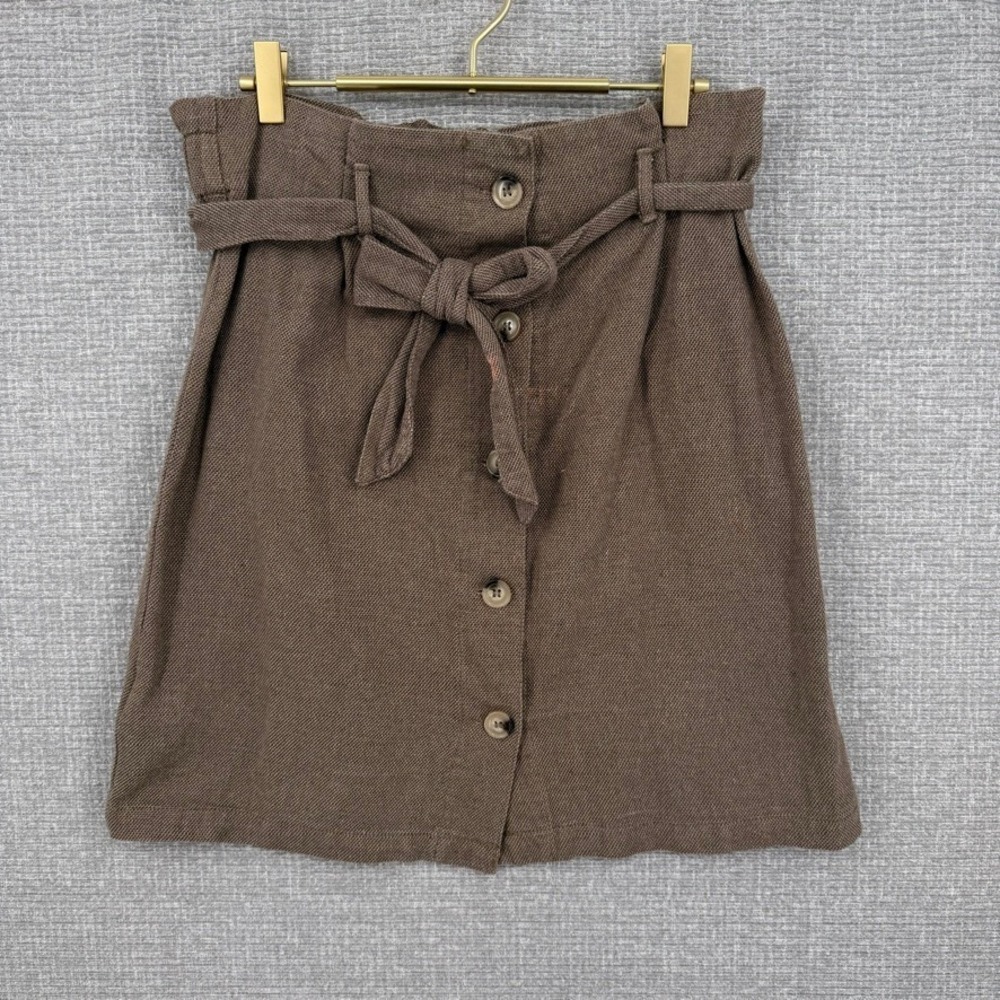Promod Button Front Paperbag Waist Mini Skirt Women Sz L 10 Brown Cotton Office
